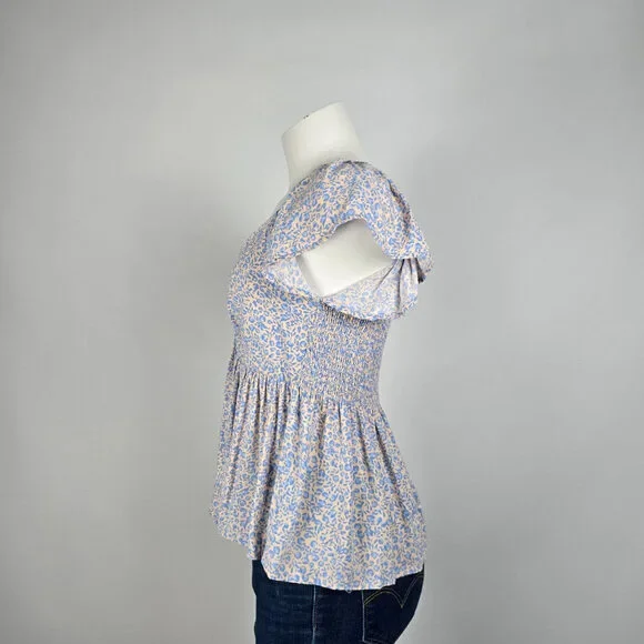 Japna Blue Animal Print V Neck Flutter Sleeve Top Size L - Picture 5 of 8